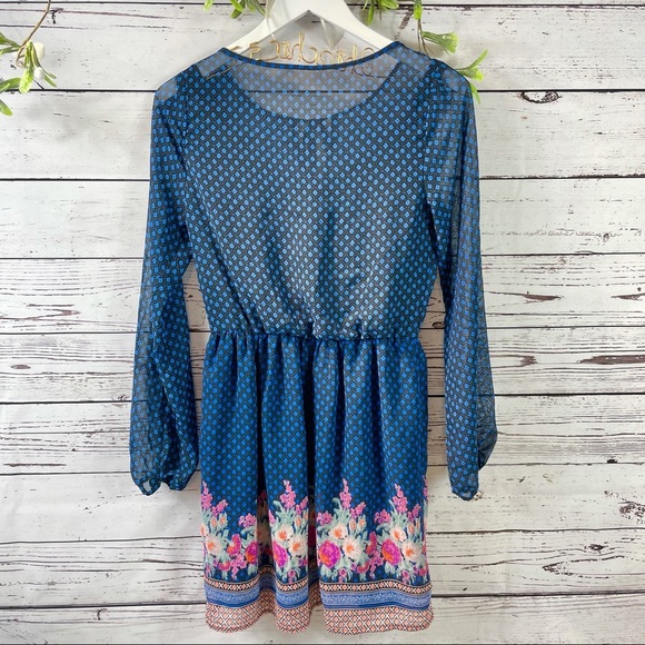 Mudd Long Sleeve Floral Blue and Black Dress. - Picture 2 of 12
